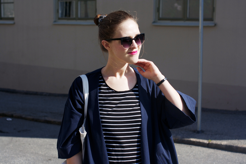 rougeimaginaire: "Long, long, long" - an outfit with a striped T-shirt from Monki, a long duster coat from Monki, sunglasses. 